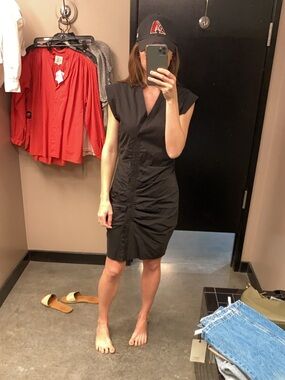 SEN Black Ruched V-Neck Cap-Sleeve Dress